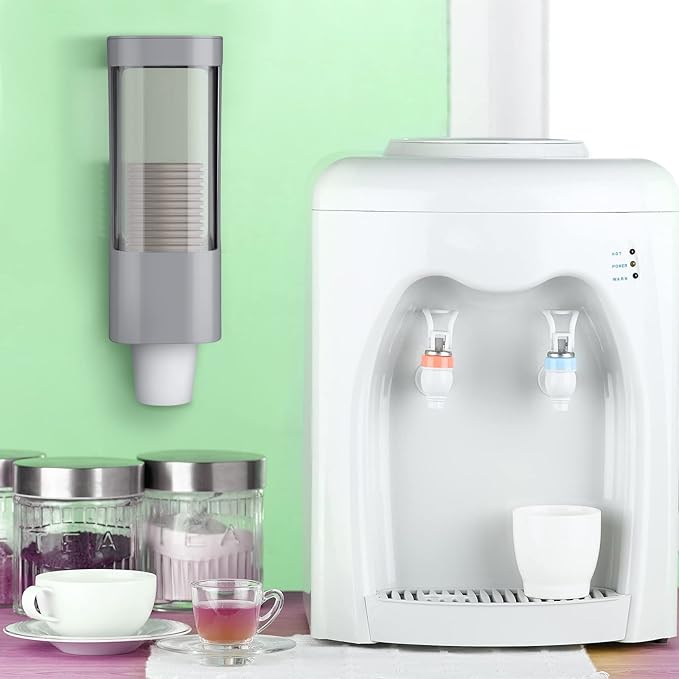 Chengu 2 Pieces Bathroom Cup Dispenser, Wall Mounted Pull Type Water Cup Holder Fits 3-5 oz Small Adhesive Dispenser with Paste Plate for Home, Bathroom, Office Hospital(Gray)
