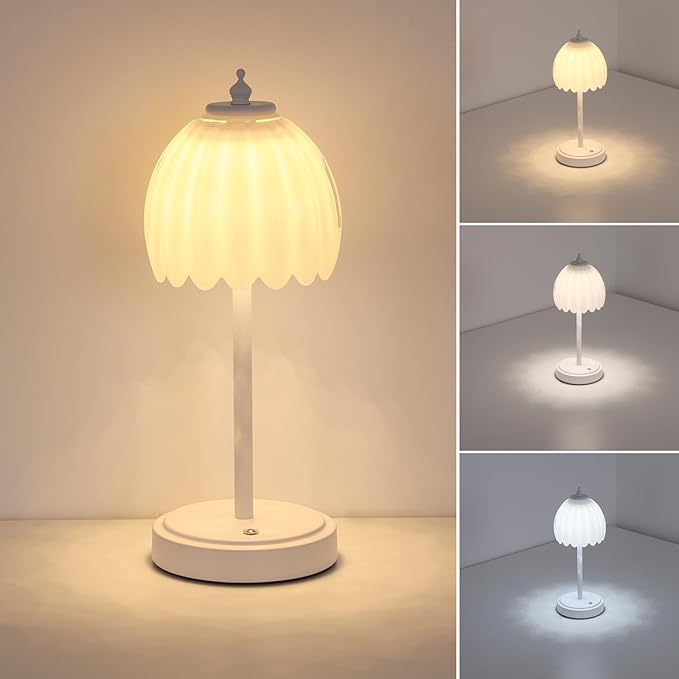 Tulip Table Lamp with 5200mAh Battery & Touch Control, Cordless Small Table Lamp with 3 Colors, Dimmable Rechargeable Table Lamps for Living Room, Bedroom, Bedside (White Tulip & White Base)