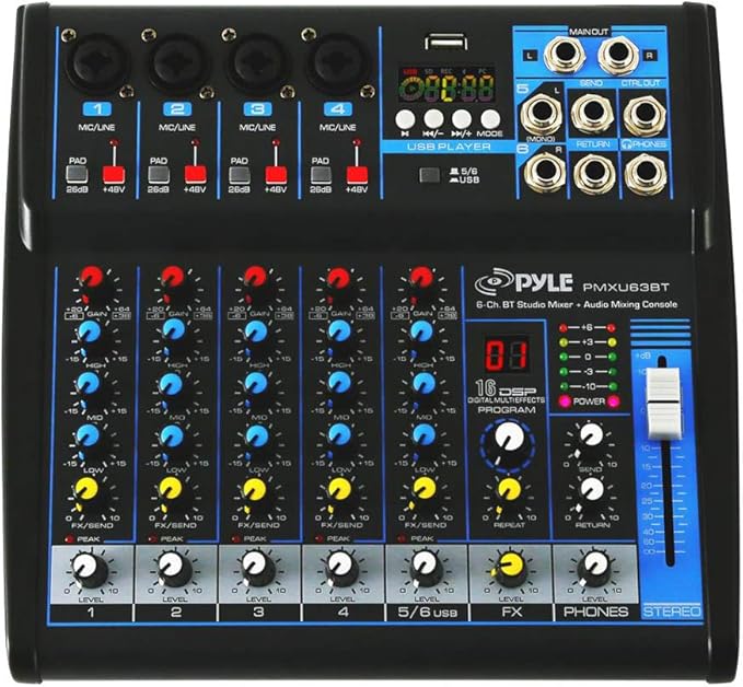 Pyle 6-Channel Professional Audio Mixer - USB - Bluetooth - 48V Phantom Power - Digital MP3 Input - FX 16-Bit DSP - Desk System Interface - PMXU63BT