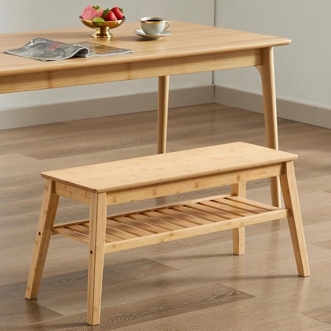 Nnewvante Bamboo Entryway Bench, 33.46" Indoor Storage Bench, Small Wood Benches for Living Room, Bedroom, Dining Room, Hallway, Outdoor Wooden Bench, Holds up to 300lbs