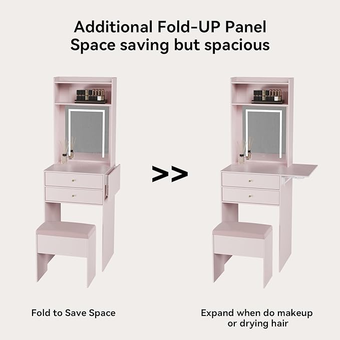 ARTETHYS Small Vanity Desk Set with 3 Adjustable Lighted Mirrors and Lights, Pink Makeup Vanities Set for Compact Space with Storage Stool White Dressing Table with Fold-up Panel for Bedroom