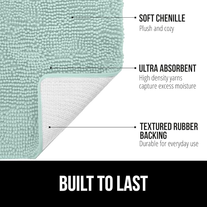 GORILLA GRIP Bath Rug Mat, Soft Absorbent Chenille, Quick Dry Microfiber Mats, Rubber Backing Washable Shower Floor Rugs, Bathmat Runner, US Designed Bathroom Home Decor Accessories 24x17, Seablue