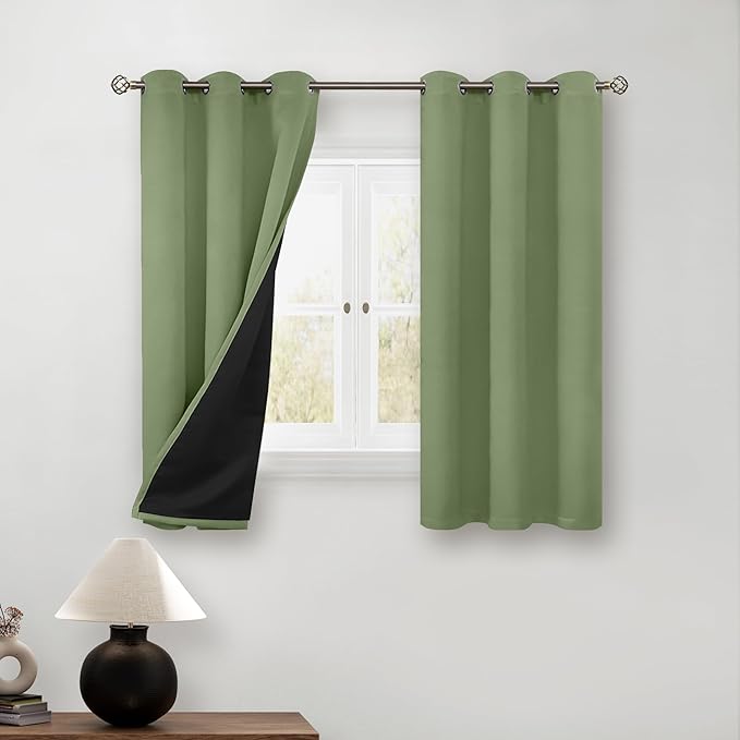 BGment Short 100% Blackout Curtains for Bedroom, Thermal Insulated Energy Efficiency Noise Reducing Grommet Curtains 54 Inch Length with Liner for Small Window 2 Panels Each 42 Inch Wide, Grass Green