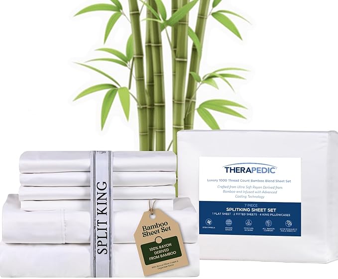 Therapedic 1000TC Split King 7-Piece Sheet Set - 100% Organic Rayon Dervied from Bamboo Blend with Cooling Fiber, Ideal for Hot Sleepers - 16" Deep Pocket Fitted Sheet, Bonus Pillowcases - White