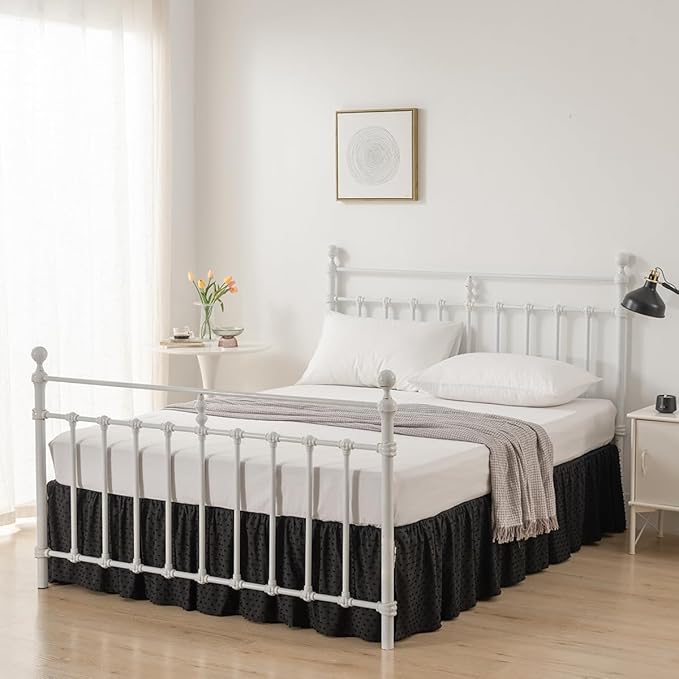 Tufted Dot Bed Skirt King Size Ruffled Bed Skirt with Split Corners, 14 Inch Drop Dust Ruffle Bed Skirts with Platform, Black