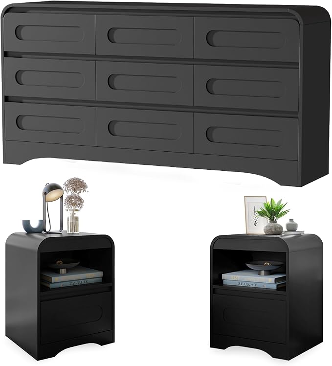 9 Drawer Dresser and Nightstand Sets for Bedroom, 3 Piece Bedroom Set, Wood 9 Drawer Dresser & Night Stand Set of 2, Large Chest of Drawers Modern Storage Cabinet Bedroom Furniture Set, Black