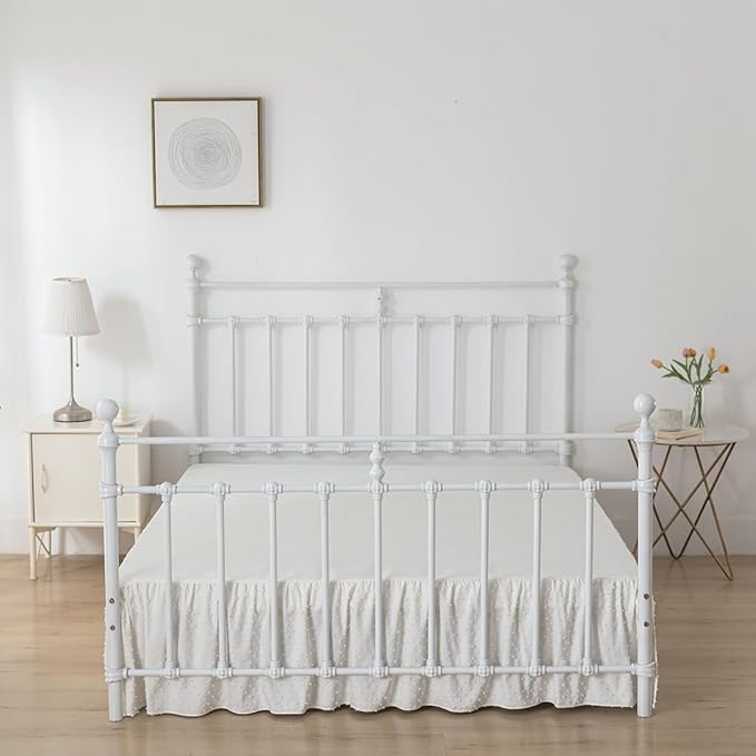 Tufted Dot Bed Skirt Twin Size Ruffled Bed Skirt with Split Corners, 16 Inch Drop Dust Ruffle Bed Skirts with Platform, Ivory