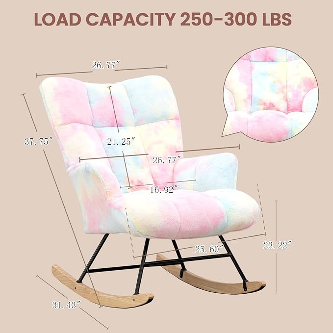 Rocking Chair Nursery Teddy Upholstered Glider Rocker Rocking Accent Chair Padded Seat with High Backrest Armchair Comfy Side Chair for Living Room Bedroom Offices (Colorful Teddy)