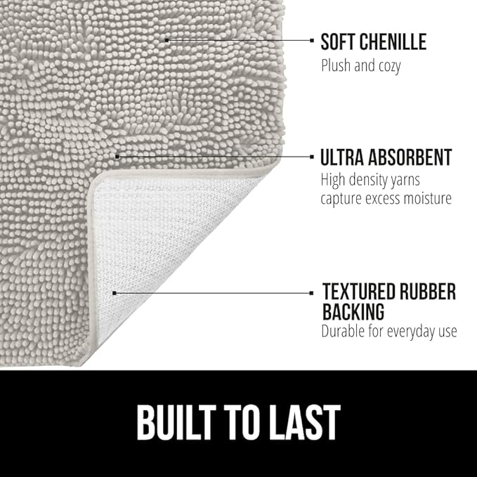 GORILLA GRIP Bath Rug Mat 54x24, Soft Absorbent Chenille, Quick Dry Microfiber Mats, Rubber Backing Washable Shower Floor Rugs, Bathmat Runner, US Designed Bathroom Home Decor Accessories Light Gray