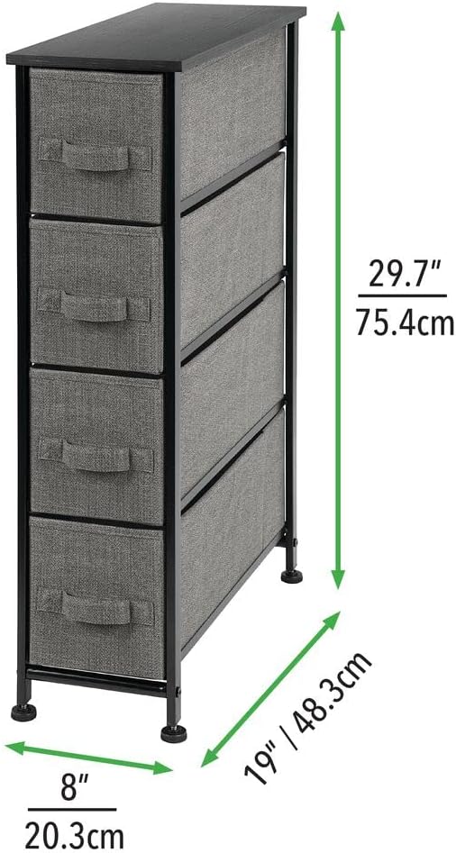 mDesign Narrow Dresser Storage Tower Stand with 4 Removable Fabric Drawers - Steel Frame, Wood Top Organizer for Bedroom, Entryway, Closet - Lido Collection - Charcoal Gray