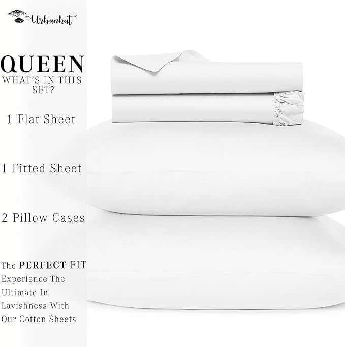 URBANHUT 800 Thread Count 100% Cotton Queen Size Sheets, Luxury 4 Piece Queen Bedsheets, Hotel Sheets Sateen Finish - Better Than Egyptian, 16" Elasticized Deep Pocket - White