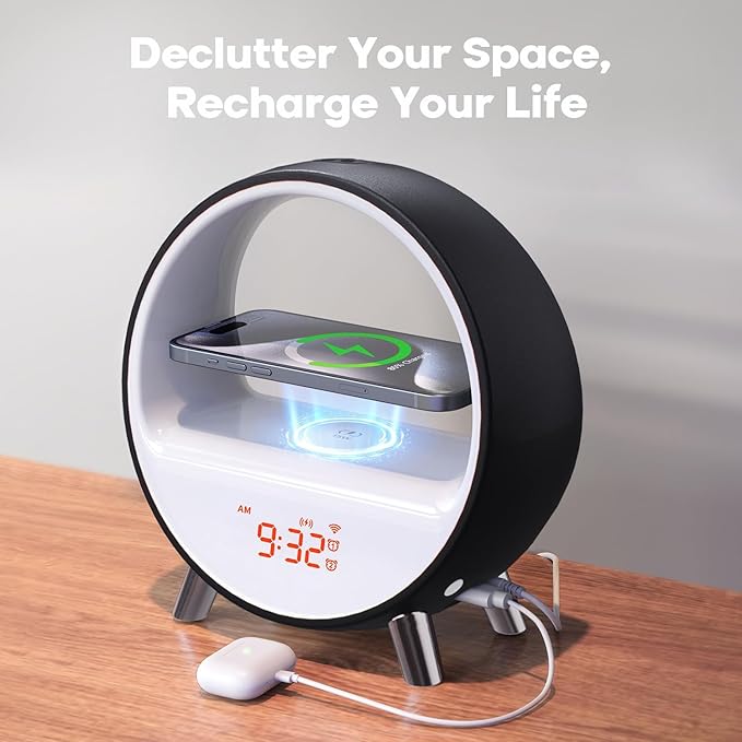 Dekala Arches Sunrise Alarm Clock Sunset White Noise Sound Machine Sleep Timer Loud Alarm Clock for Heavy Sleepers Natural Sound Wake-Up Light 15W Wireless Charging Customizable Snooze 5G WiFi App