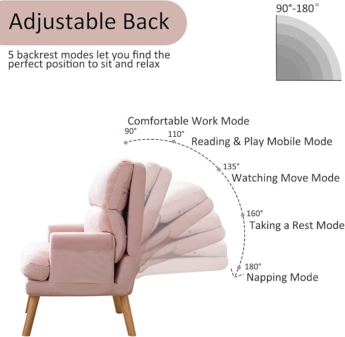 INZOY Accent Chairs with Ottoman, Modern Comfy Chair with Adjustable Backrest and Side Pockets, Velvet Fabric Armchair with Ottoman for Bedroom Living Room (Pink)