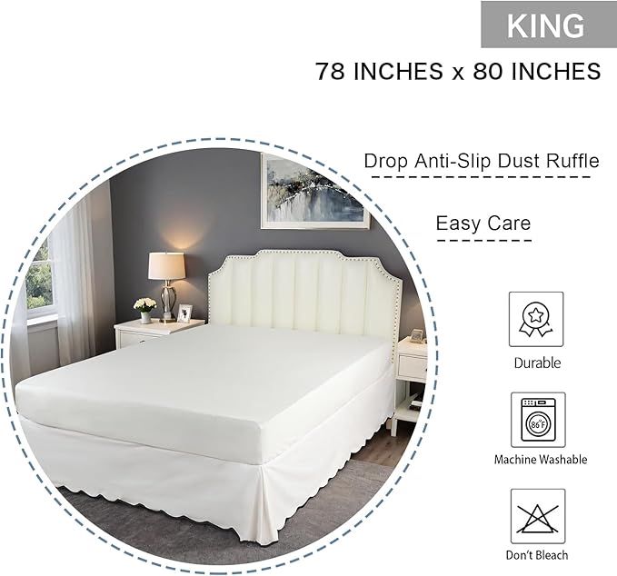 HIG Off-White Chic King Bed Skirt - Easy Fit Scallop Edge Pleated Bedskirts, 14 Inch Drop Anti-Slip Dust Ruffle, Thick Fabric for Enhanced Privacy, Pre-Washed for Long-Lasting Use(N60022)