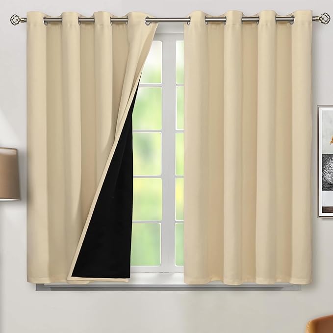 BGment Short 100% Blackout Curtains for Bedroom, Thermal Insulated Energy Efficiency Noise Reducing Grommet Curtains 54 Inch Length with Liner for Small Window 2 Panels Each 52 Inch Wide, Natural