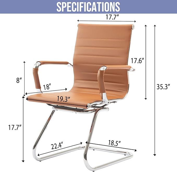 Wahson Office Guest Chairs Set of 2, Leather Reception Chairs, Mid Back Waiting Room Chair, Conference Chairs with Sled Base, Desk Chair No Wheels for Meeting/Lobby/Restroom, Terracotta
