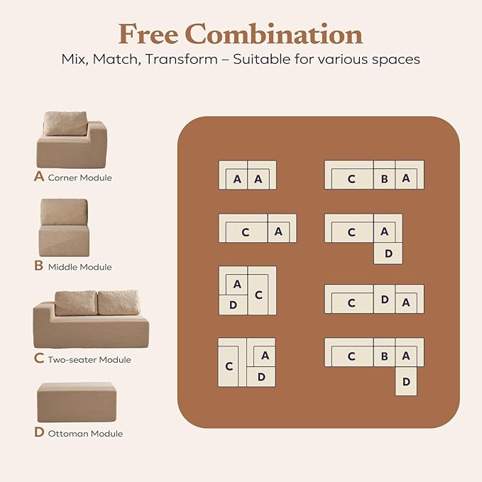 30" Modular Upholstered Foam Couch, Upholstered Floor Sofa Couch with Pillow, Bean Bag Chair for Bedroom Living Room, No Assembly Required (Camel, Teddy Boucle)