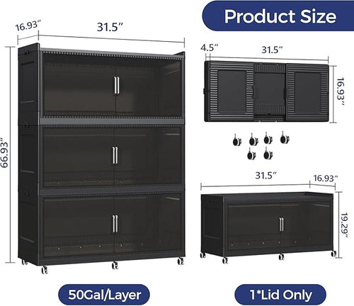 150GAL Extra Large Storage Bins with Lid, 600QT Collapsible Organizer with Wheels, Stackable Closet Cabinet with Doors, Folding Storage Containers for Home, Office, Kitchen, 3Pack Black