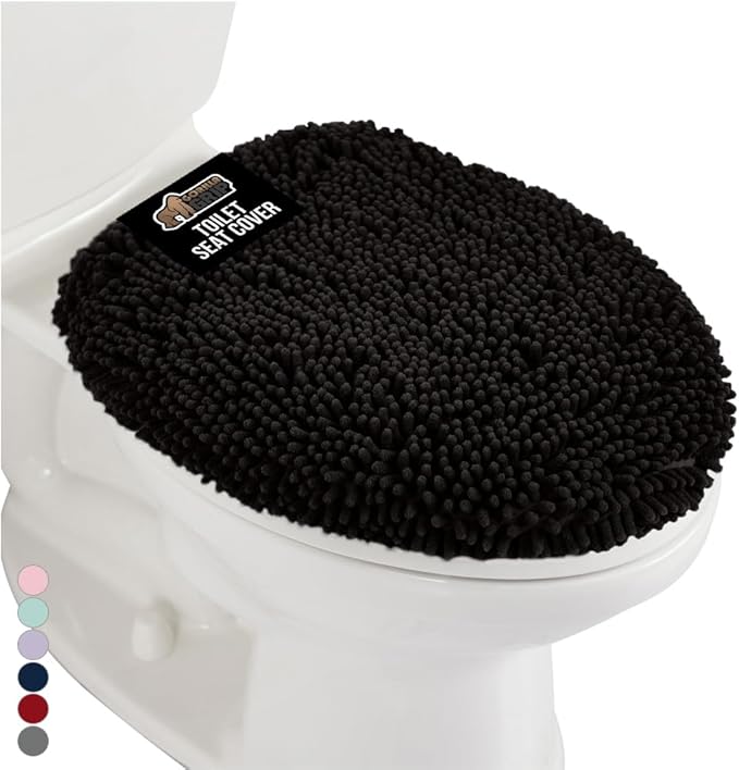 GORILLA GRIP Soft Chenille Bathroom Toilet Lid Cover, Machine Washable Seat Covers, 19.5x18.5, Stays in Place Rubber Backing, Fits Most Round, Elongated and Oblong Lids, Accessories Decor, Black