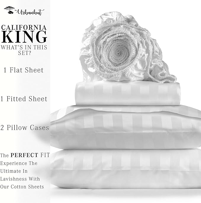 URBANHUT 800 Thread Count 100% Cotton Damask California King Size Sheets Set, 4 Piece Striped Cal King Size Bedsheets, Luxury Hotel Sheets Sateen Weave, 16" Elasticized Deep Pocket- White
