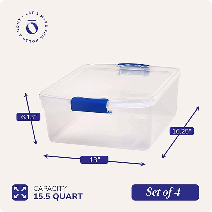 HOMZ 4-Pack 15.5 Quart Latching Lid, Clear Plastic Storage Organizer Bins, Blue – Stackable Containers for Home & Office Shelves, Kitchen, Garage, and Bathroom Organization