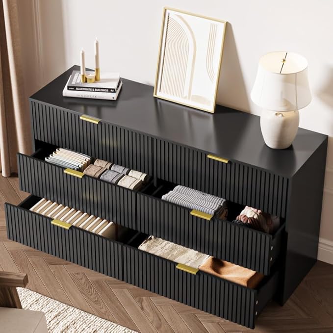 Black 6 Drawer Dresser for Bedroom, 55" Wide Modern Chest of Drawers with Gold Metal Handles, Fluted Wood TV Stand for Living Room, Hallway