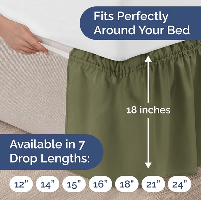 Wrap Around Dust Ruffle Bed Skirt - Sage Green - for Full Size Beds with 18 Inch Drop - Elastic Strap - Adjustable Pleated Bedskirt with Brushed Fabric and Wrinkle Free - for Women, Men, Kids & Teens