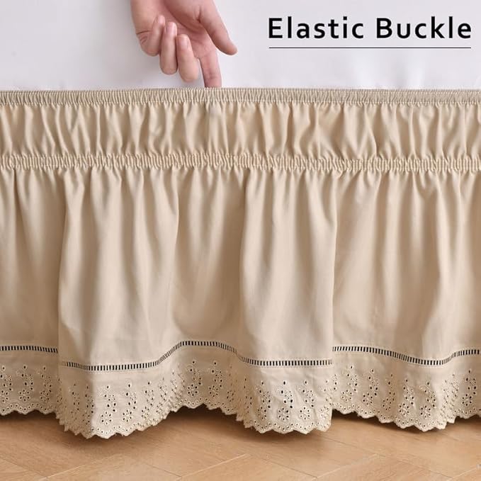 MIYE Wrap Around Ruffled Lace Bed Skirt, Elastic Dust Ruffle with Adjustable Belts, Easy to Put On, Bed Frame Cover, Machine Washable (Embroidered/Beige, King/Queen-15 Drop)