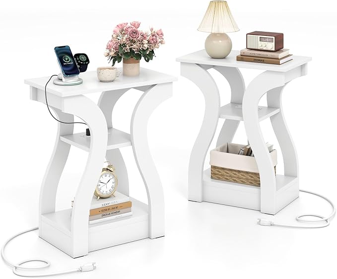 Giantex Narrow End Tables with Charging Station Set of 2, Wood Sofa Side Tables with Open Storage Shelves, Bedside Tables with USB Ports & Outlets, Modern Nightstands for Living Room, Bedroom, White