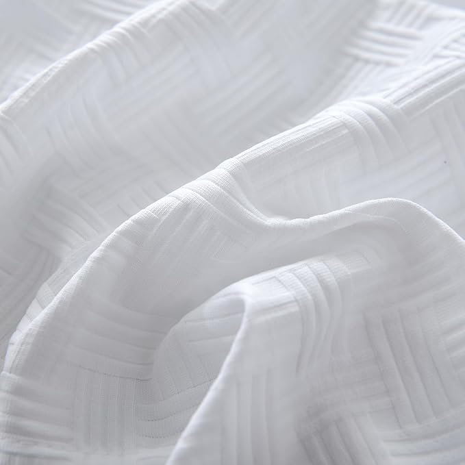 Queen Size Bed Skirt, Pleated Knitted Jacquard Waffle Weave Striped Bed Skirt, Tailored Dust Ruffle 14 Inch Drop Easy Fit, Machine Washable (White, Queen - 14" Drop)
