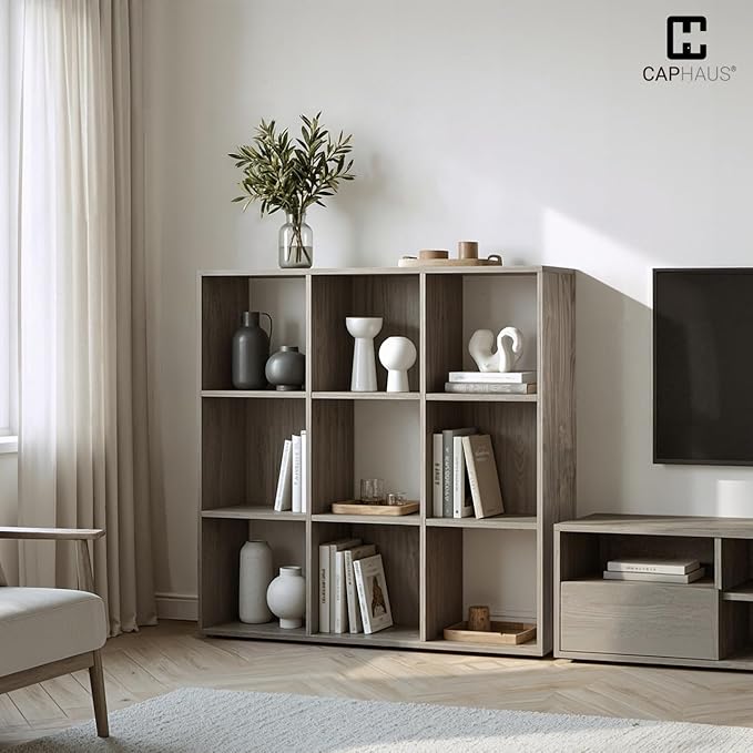 CAPHAUS Sturdy Room 11-Inch Cube Storage Organizer Shelf, with Thick Exterior Edge, Storage Shelf Divider w/Back, Bookcase, 9-Cube, Dark Grey