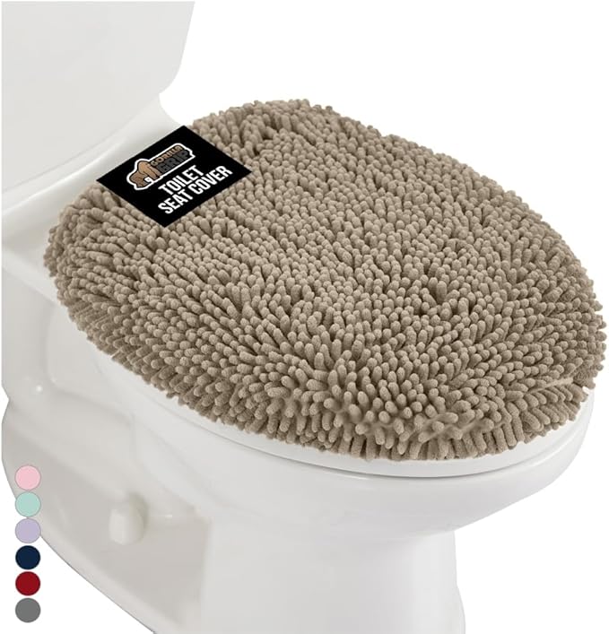 GORILLA GRIP Soft Chenille Bathroom Toilet Lid Cover, Machine Washable Seat Covers, 19.5x18.5, Stays in Place Rubber Backing, Fits Most Round, Elongated and Oblong Lids, Accessories Decor, Gray Beige