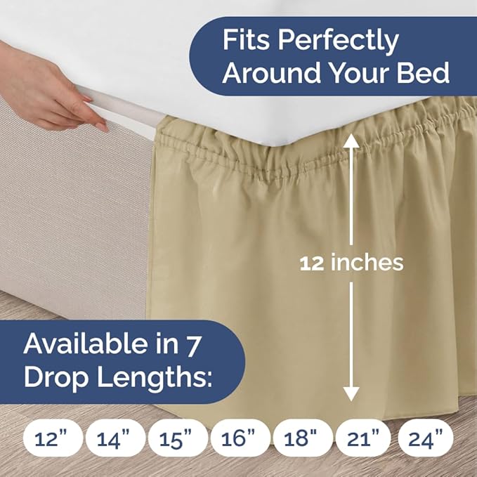 Wrap Around Dust Ruffle Bed Skirt - Beige - Twin/Twin XL Size Beds with 12 Inch Drop - Easy Fit Elastic Strap - Adjustable Pleated Bedskirt w/Brushed Fabric - Wrinkle Free - Women, Men, Kids & Teens