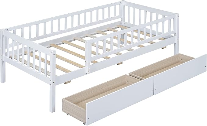 Bellemave Twin Bed Frames with Rails for Kids, Twin daybed Frame with Drawers for Boys/Girls/Adults，White