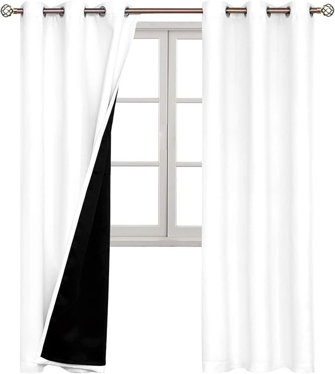 BGment Thermal Insulated 100% Blackout Curtains for Bedroom with Black Liner, Double Layer Full Room Darkening Noise Reducing Grommet Curtain (42 x 84 Inch, Pure White, 2 Panels)