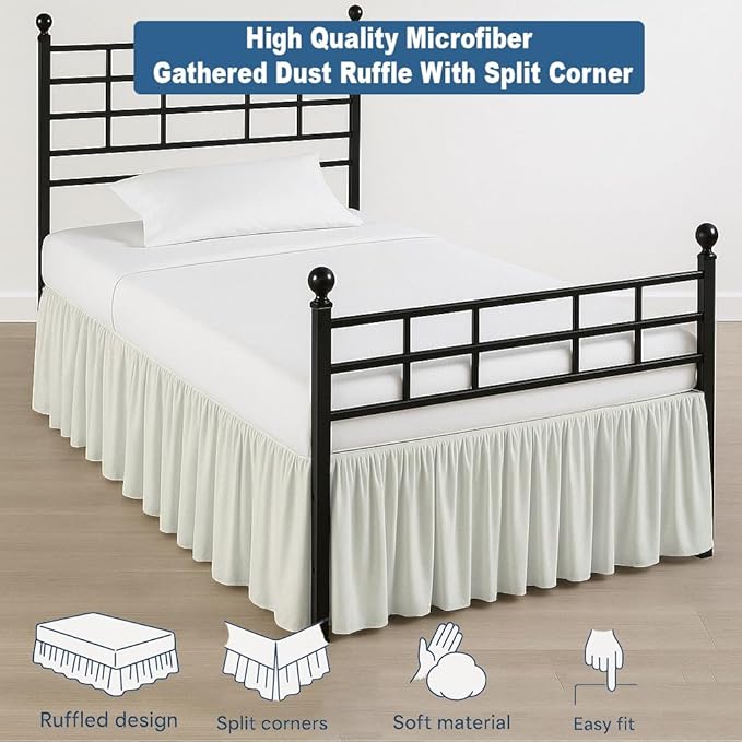 Ruffled Bed Skirt Split Corners with Platform, Tailored Fit Hotel Quality Wrinkle Free Ultra-Soft Microfiber Dust Ruffle, Upto 28 Inch Drop, Twin, Ivory