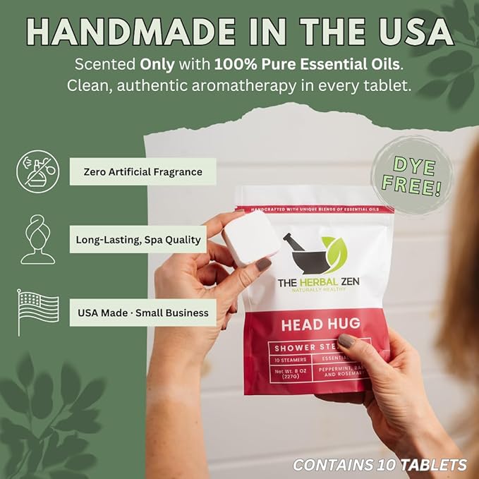 Head Hug Shower Steamers Aromatherapy for Relief - Christmas Gift - Adult Stocking Stuffer - USA Made - Peppermint & Rosemary Shower Bomb Tablets - Soothing Natural Essential Oils (10 Pack)