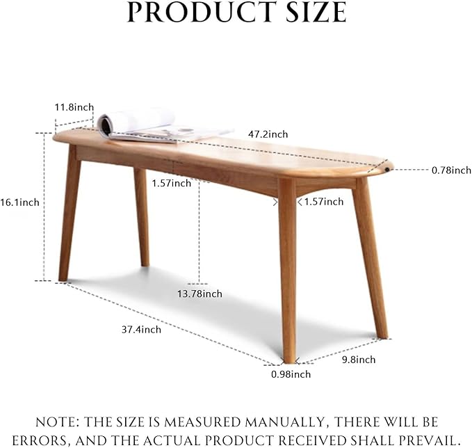 100% Solid Oak Dining Bench, Wood Bench for Bedroom End of Bed with Rounded Corners, Entryway Benches for Dining Room, Kitchen, Living Room (Natural Oak, 47.2")