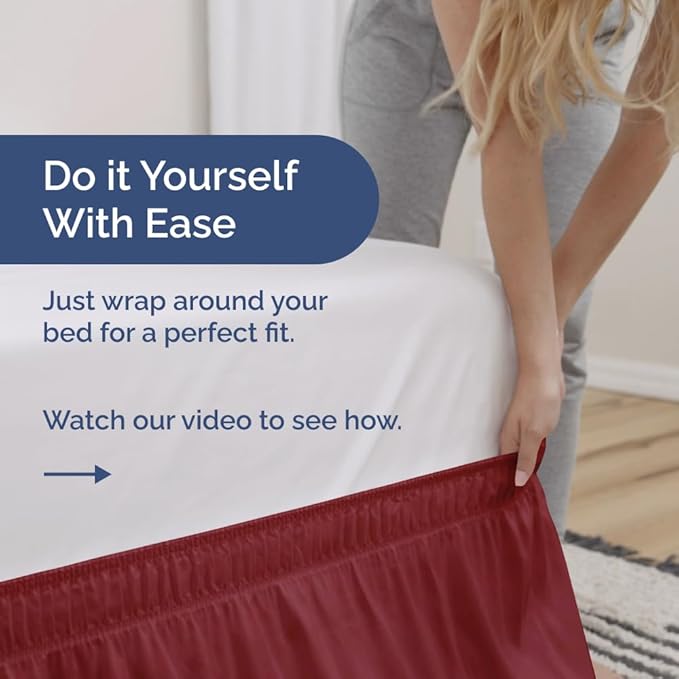 Wrap Around Dust Ruffle Bed Skirt - Burgundy - for Full Size Beds with 21 Inch Drop - Easy Fit Elastic Strap - Adjustable Pleated Bedskirt w/Brushed Fabric Wrinkle Free - for Women, Men, Kids & Teens