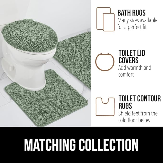 GORILLA GRIP Plush Absorbent Shaggy Chenille Bath Rug Mat for Square Toilet Base with Rubber Backing, Machine Washable Rugs, Soft Microfiber Contour Mats for Toilets, Bathroom Decor, Sage
