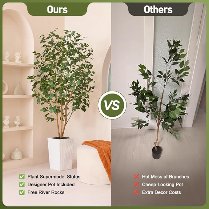 6ft Artificial Ficus Tree-Tall Faux Tree with Pebbles & Planter UV Resistant Potted Fake Plant with Silk Leaves & Real Wood Trunk-Indoor Outdoor Floor Plant for Home,Living Room,VN129
