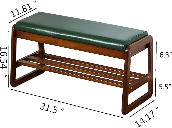 Solid Wood Shoe Bench, 2-Tier Entryway Bench with Cushion and Flip-Open Storage Box, Mid-Century Modern Shoe Bench Rack for Hallway, Mudroom(Green, 31.5'')