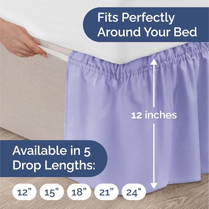 Wrap Around Dust Ruffle Bed Skirt - Lavender - for King Size Beds with 12 Inch Drop - Easy Fit Elastic Strap - Adjustable Pleated Bedskirt w/Brushed Fabric Wrinkle Free - for Women, Men, Kids & Teens