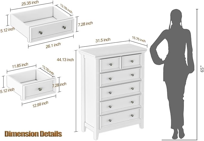 Tall Dresser for Bedroom, White 6 Drawers Dresser, Farmhouse Dresser for Bedroom，Storage Drawers Cabinet for Living Room, Home Office