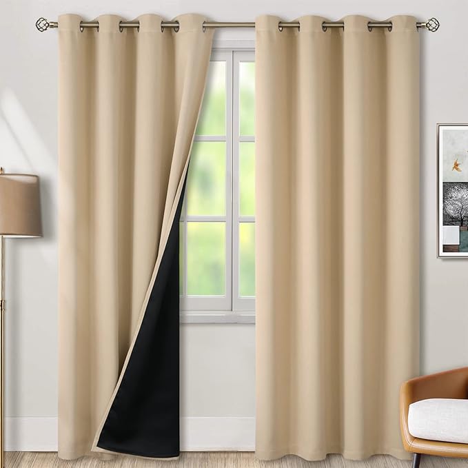 BGment Thermal Insulated 100% Blackout Curtains for Bedroom with Black Liner, Double Layer Full Room Darkening Noise Reducing Grommet Curtain (52 x 90 Inch, Beige, 2 Panels)