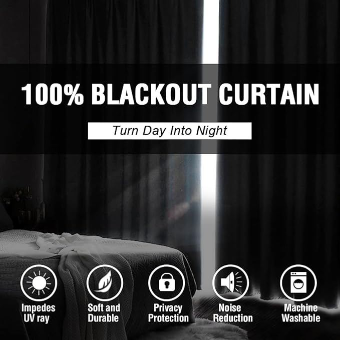 H.VERSAILTEX 100% Blackout Curtains for Bedroom Thermal Insulated Blackout Curtains 84 Inches Long Rod Pocket Window Drapes for Living Room with Black Liner 2 Panels Set, Jet Black
