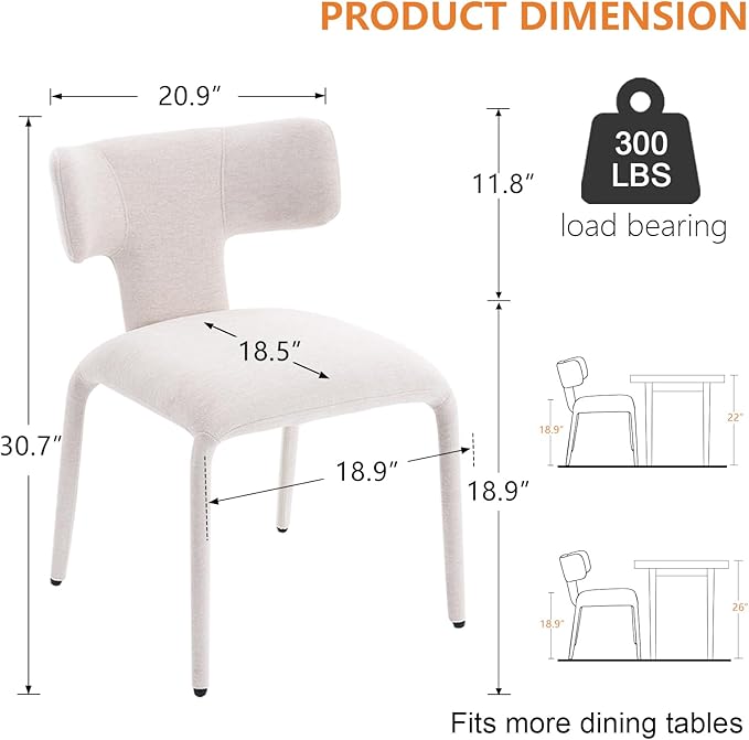 Kidol & Shellder Dining Chairs Set of 2,Modern Upholstered Fabric Dining Room Chairs with Curved Barrel Back,Armless Kitchen Chairs with Metal Legs and Padded Seat for Living Room and Bedroom Beige