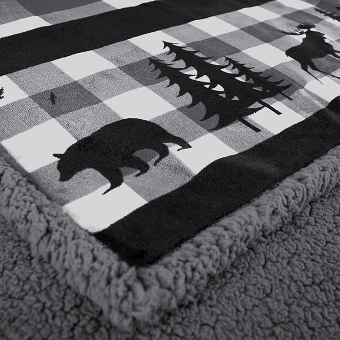Pavilia Winter Cabin Sherpa Blanket Throw | Flannel Fleece Christmas Plaid Blanket | Plush, Soft, Warm, Cozy, Reversible Microfiber Throw 50x60 (Grey)