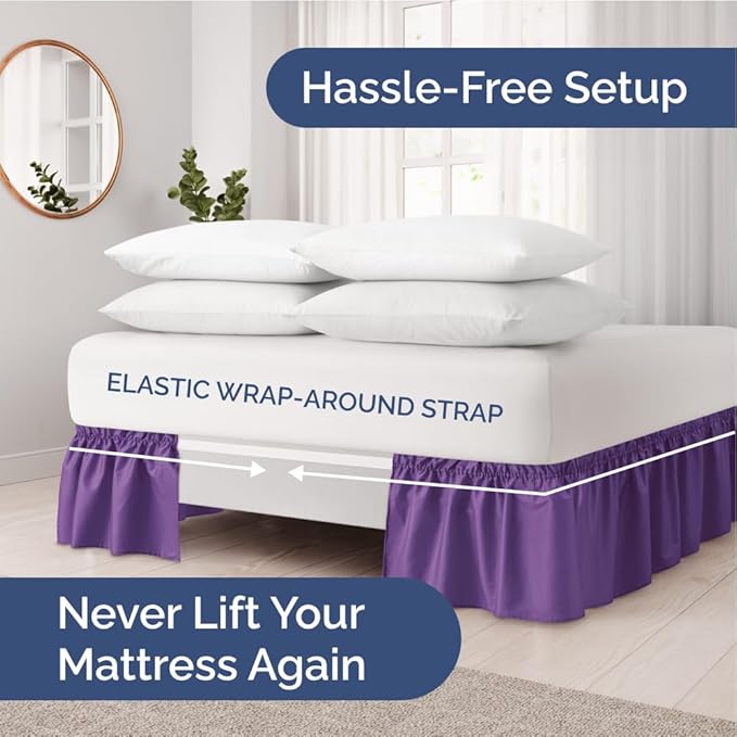 Wrap Around Dust Ruffle Bed Skirt - Purple - for Queen Size Beds with 18 Inch Drop - Easy Fit Elastic Strap - Adjustable Pleated Bedskirt w/Brushed Fabric Wrinkle Free - for Women, Men, Kids & Teens