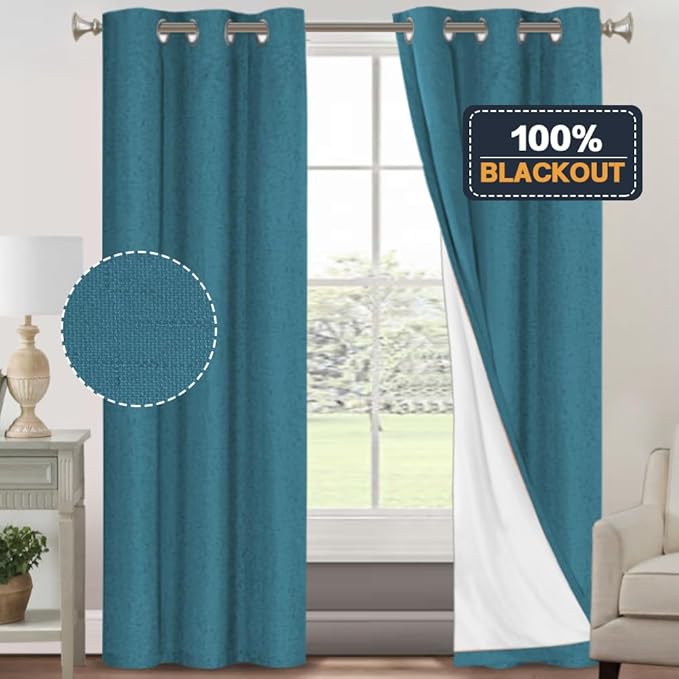 PrinceDeco Blackout Curtains 84 Inches Length 2 Panels Set 100% Blackout Curtains for Bedroom Living Room, Nursery, Office,Solid Linen Textured Curtains with White Liner,Blue Sapphire,42" W x 84" L
